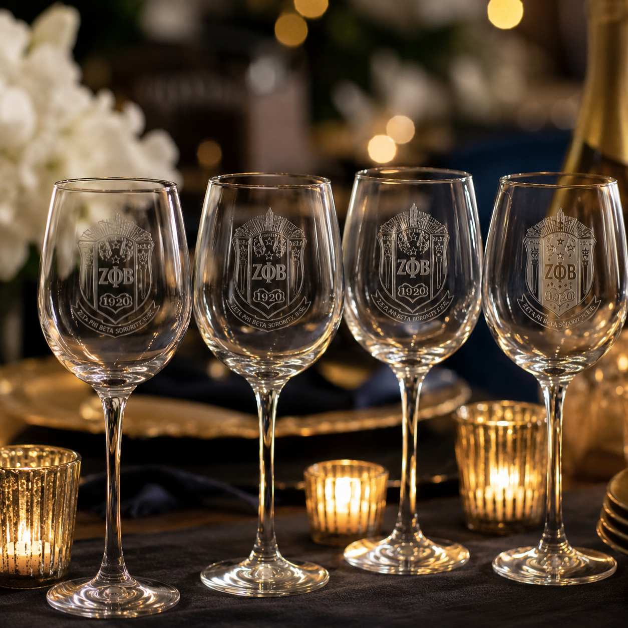 Etched ZΦB wine glasses for sorority celebration