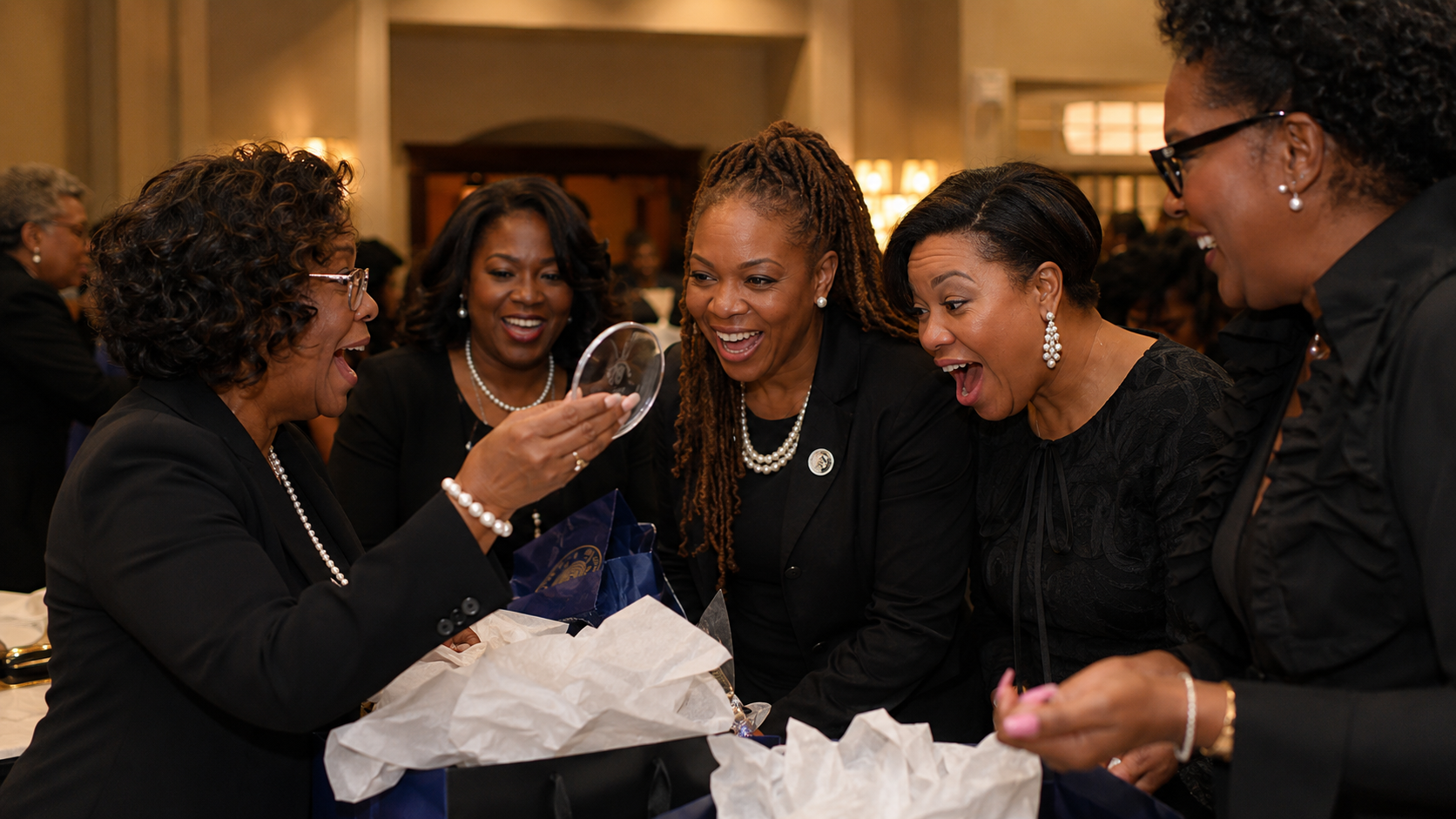 Sorors reacting to their custom etched glass commission