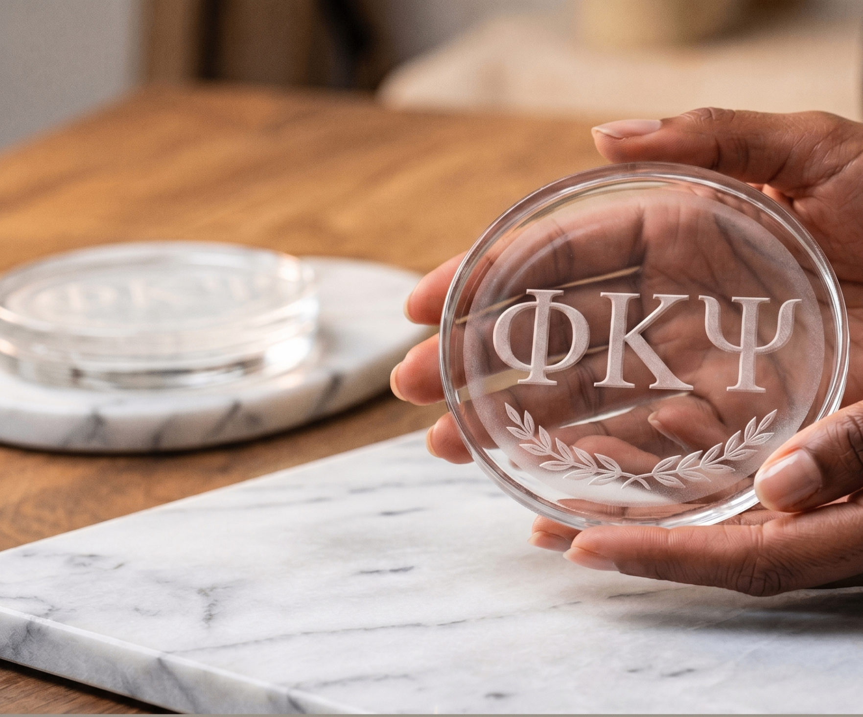 Close studio shot of ΦΚΨ etched coaster cradled in hand
